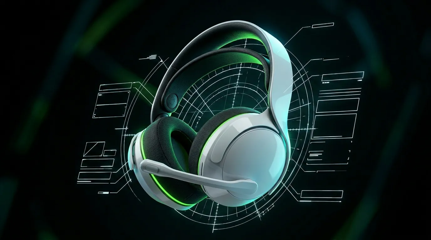 Casque gamer blanc et vert avec sch&eacute;mas techniques holographiques