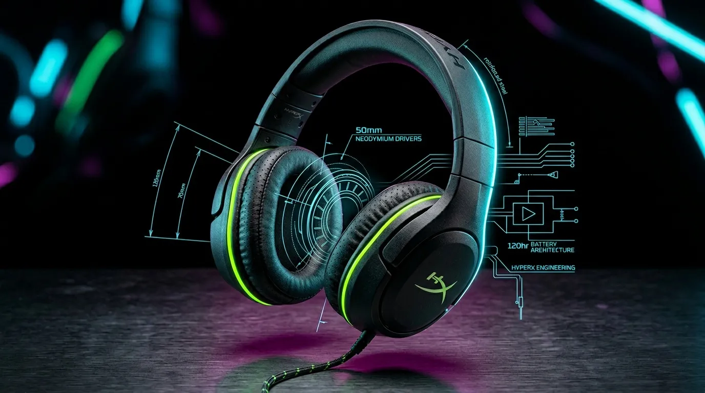 Casque audio HyperX noir et vert avec sp&eacute;cifications techniques affich&eacute;es