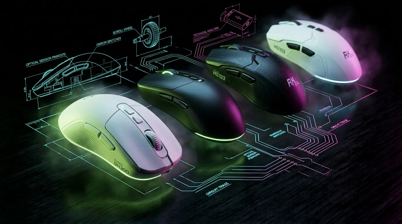 Trois souris gaming avec sch&eacute;mas techniques et &eacute;clairage n&eacute;on