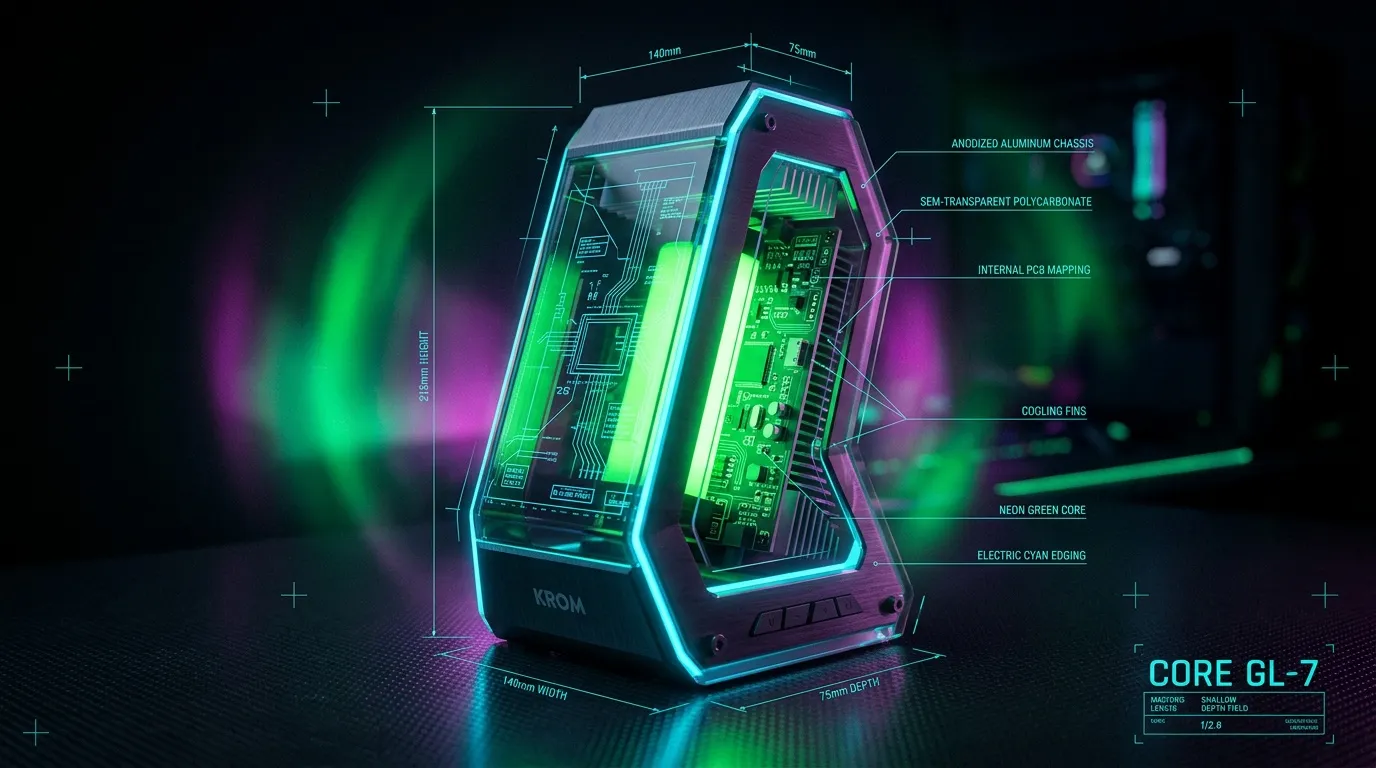 Bo&icirc;tier KROM Core GL-7 avec &eacute;clairage n&eacute;on cyan et vert