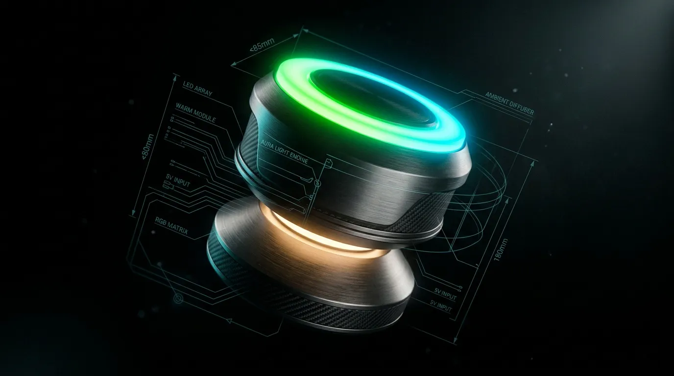 Moteur futuriste avec anneaux LED verts et dor&eacute;s