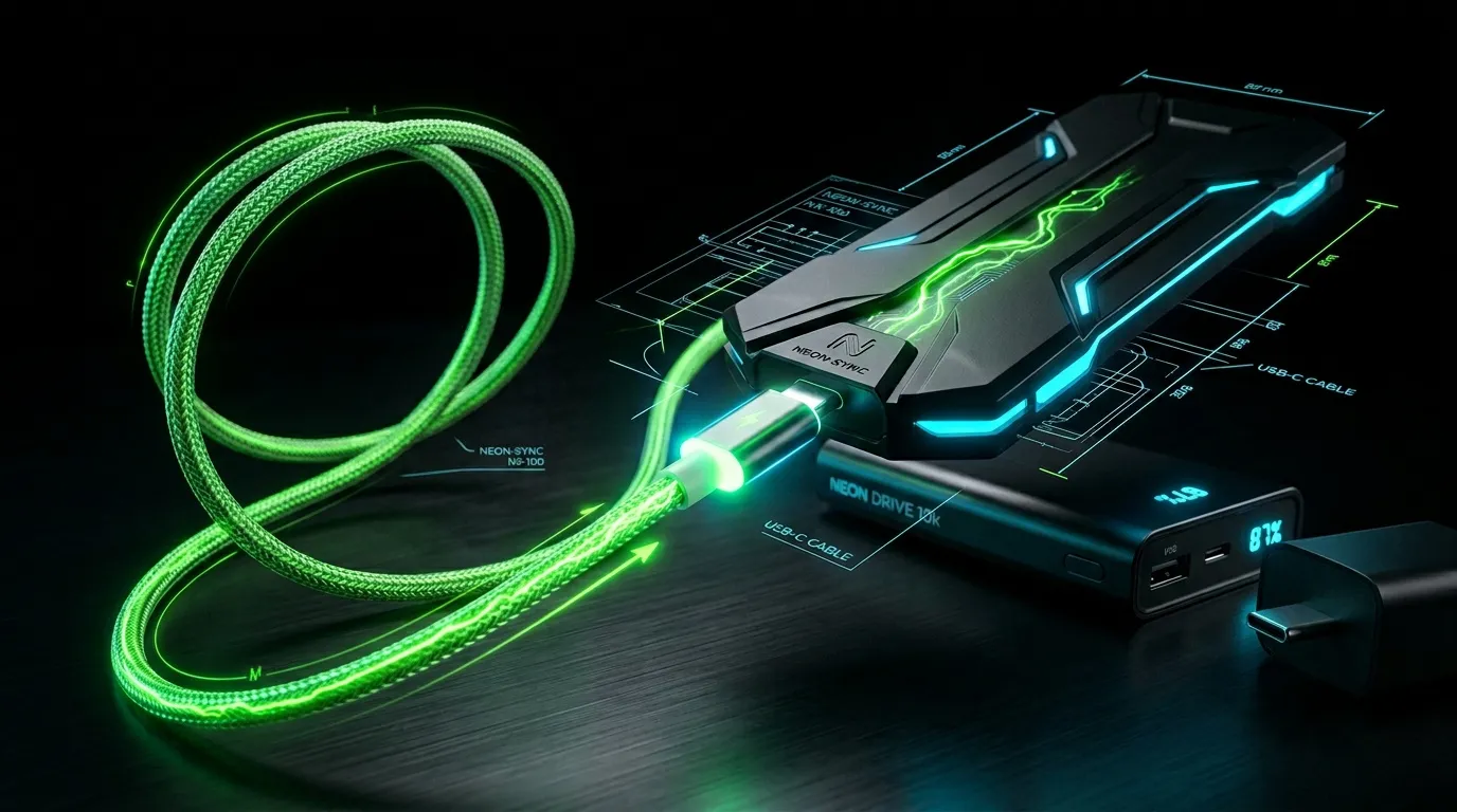 C&acirc;ble USB-C vert n&eacute;on brillant avec accessoires technologiques.