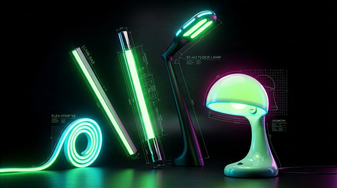 Quatre lampes n&eacute;on fluorescentes vertes et bleues brillantes