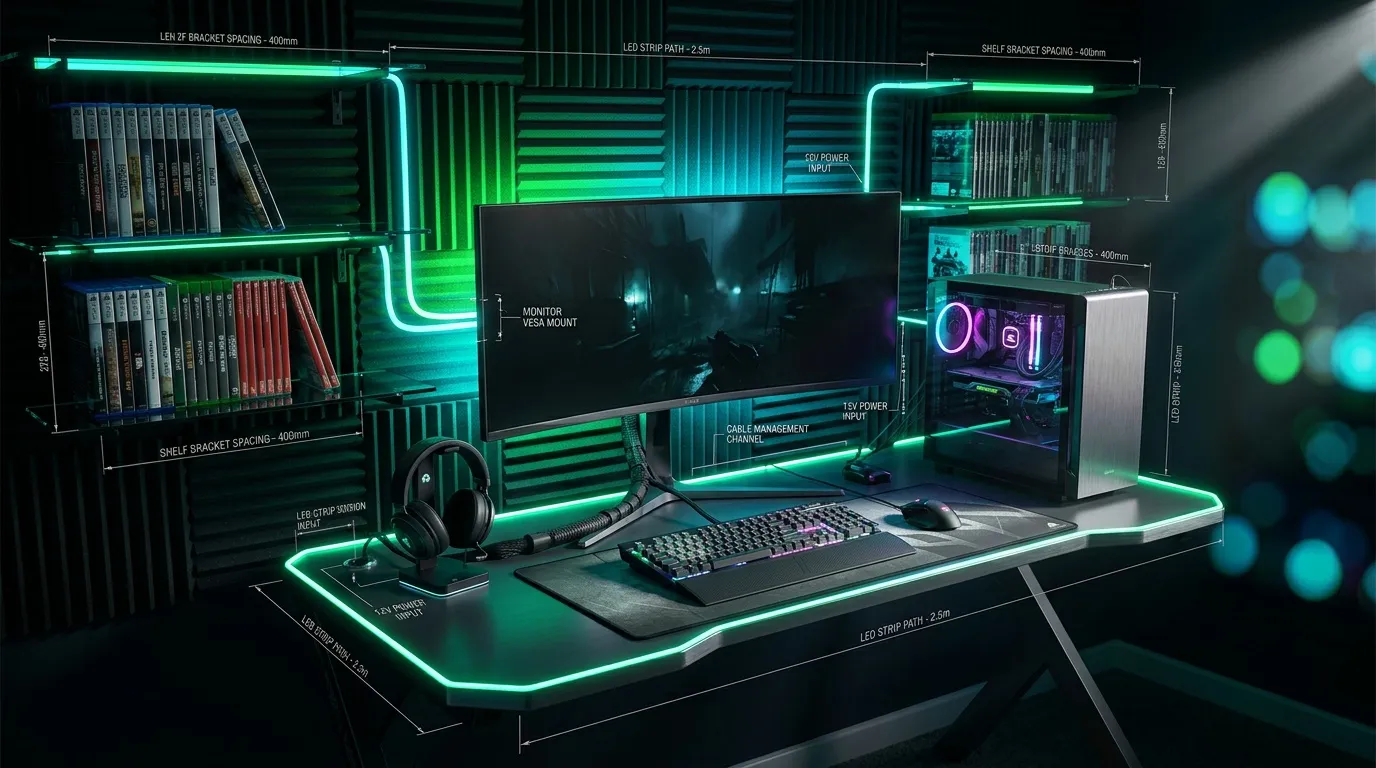 Bureau gamer avec éclairage LED néon vert et turquoise.