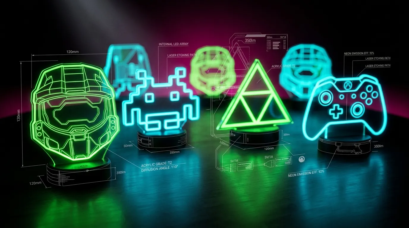 Figurines néon : casque, extraterrestre, triangle, manette