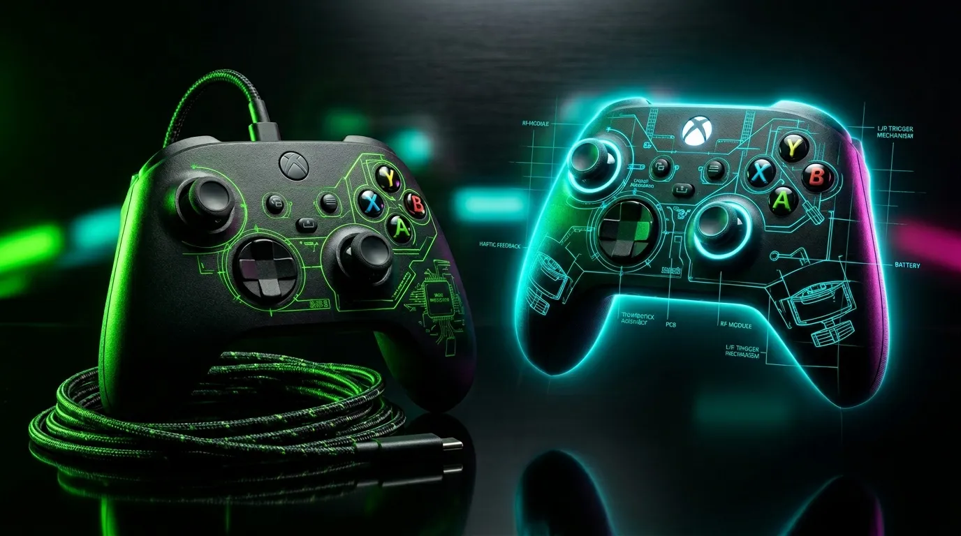 Deux manettes Xbox gaming avec &eacute;clairage n&eacute;on vert cyan