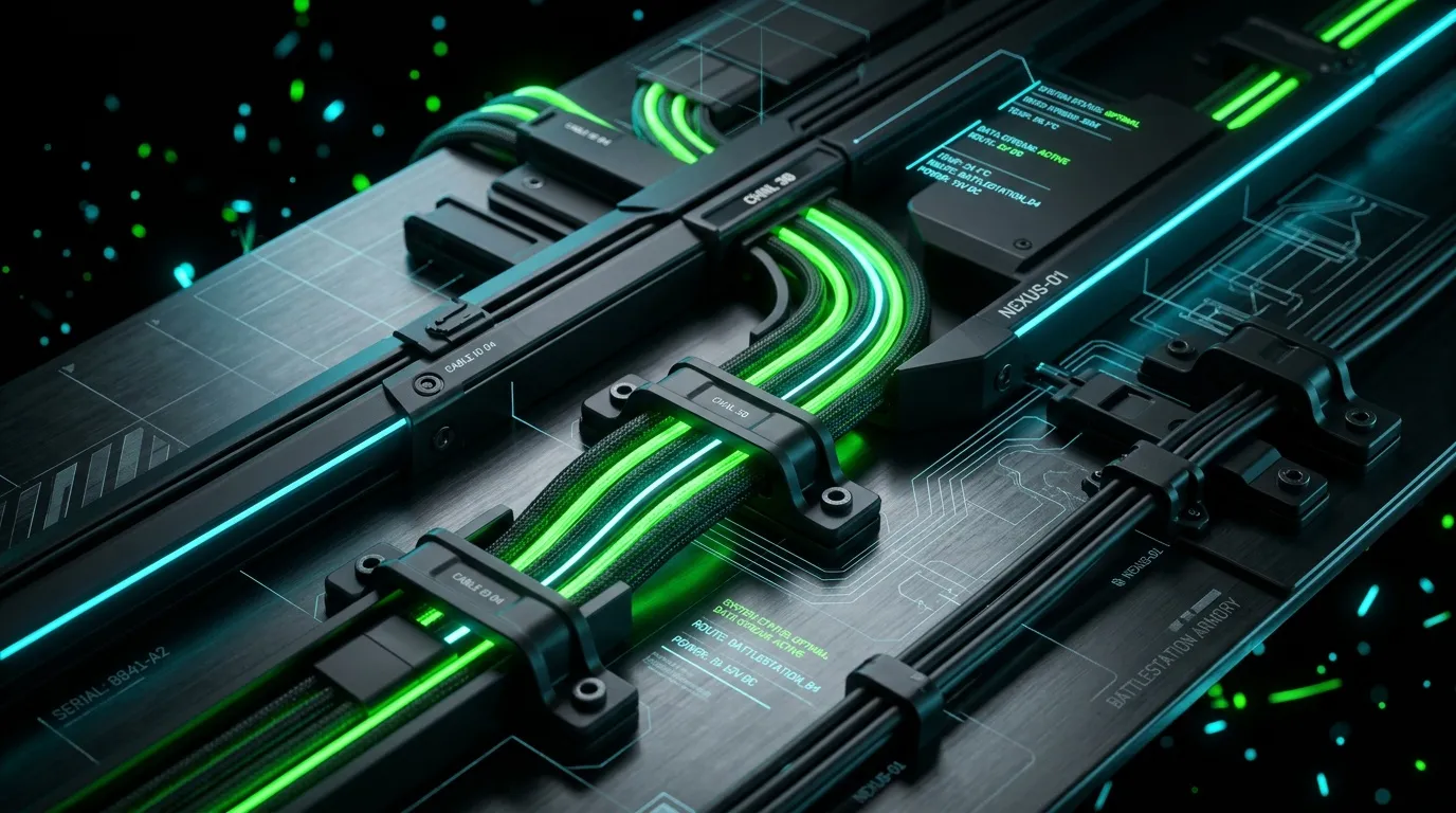 C&acirc;bles luminescents verts et bleus dans serveur informatique