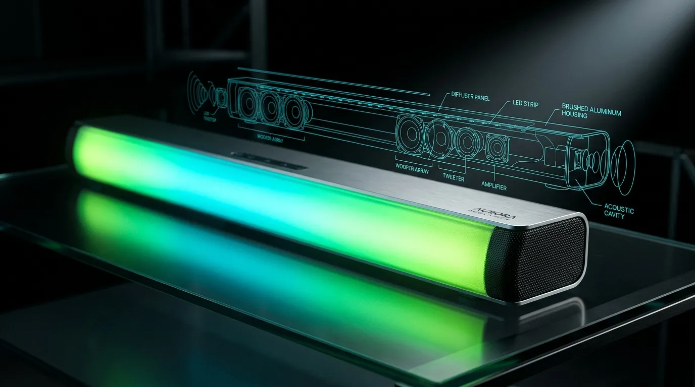 Barre de son illumin&eacute;e verte avec sch&eacute;ma technique d&eacute;taill&eacute;