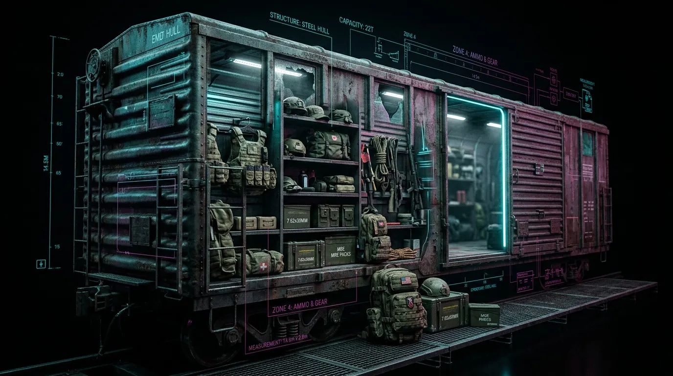 Container modulaire affichant équipement militaire et munitions