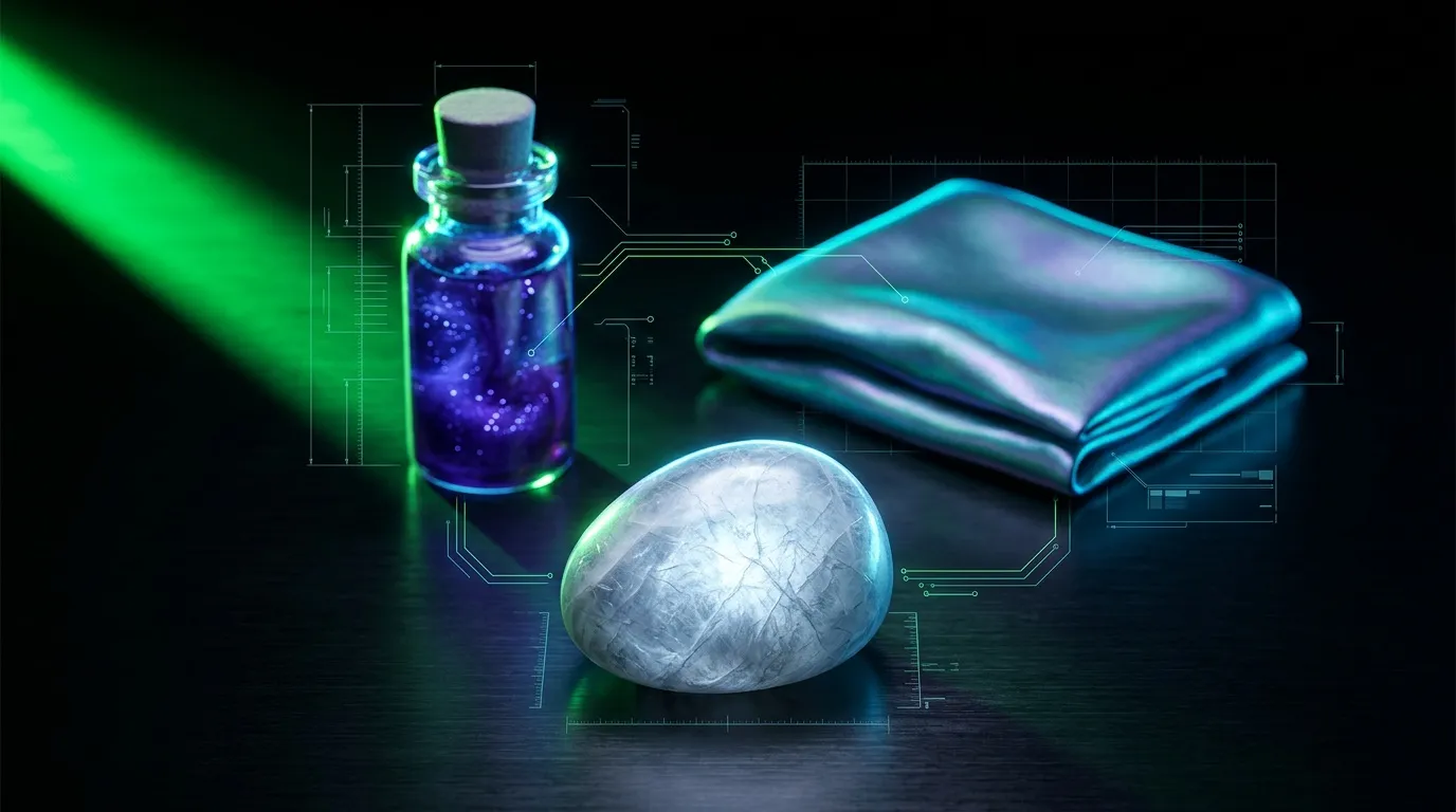 Fiole brillante, sph&egrave;re m&eacute;tallique et portefeuille holographique futuriste