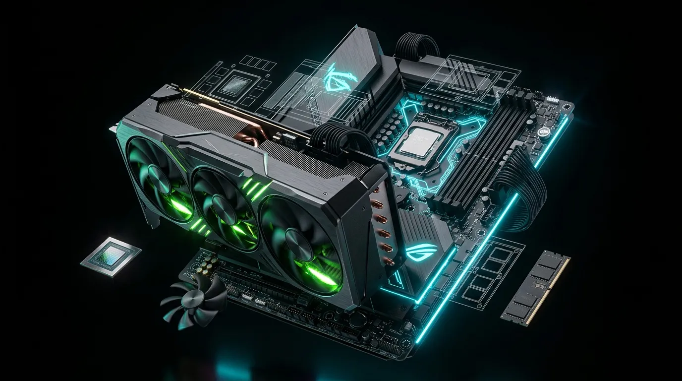Composants informatiques gaming avec &eacute;clairage RGB cyan et vert