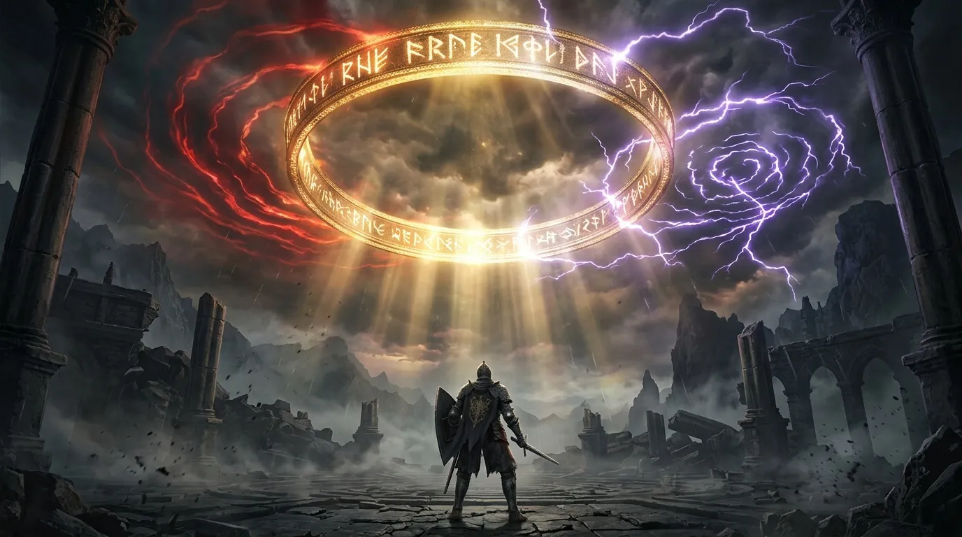 Guerrier armé face à un anneau magique doré flottant dans le ciel