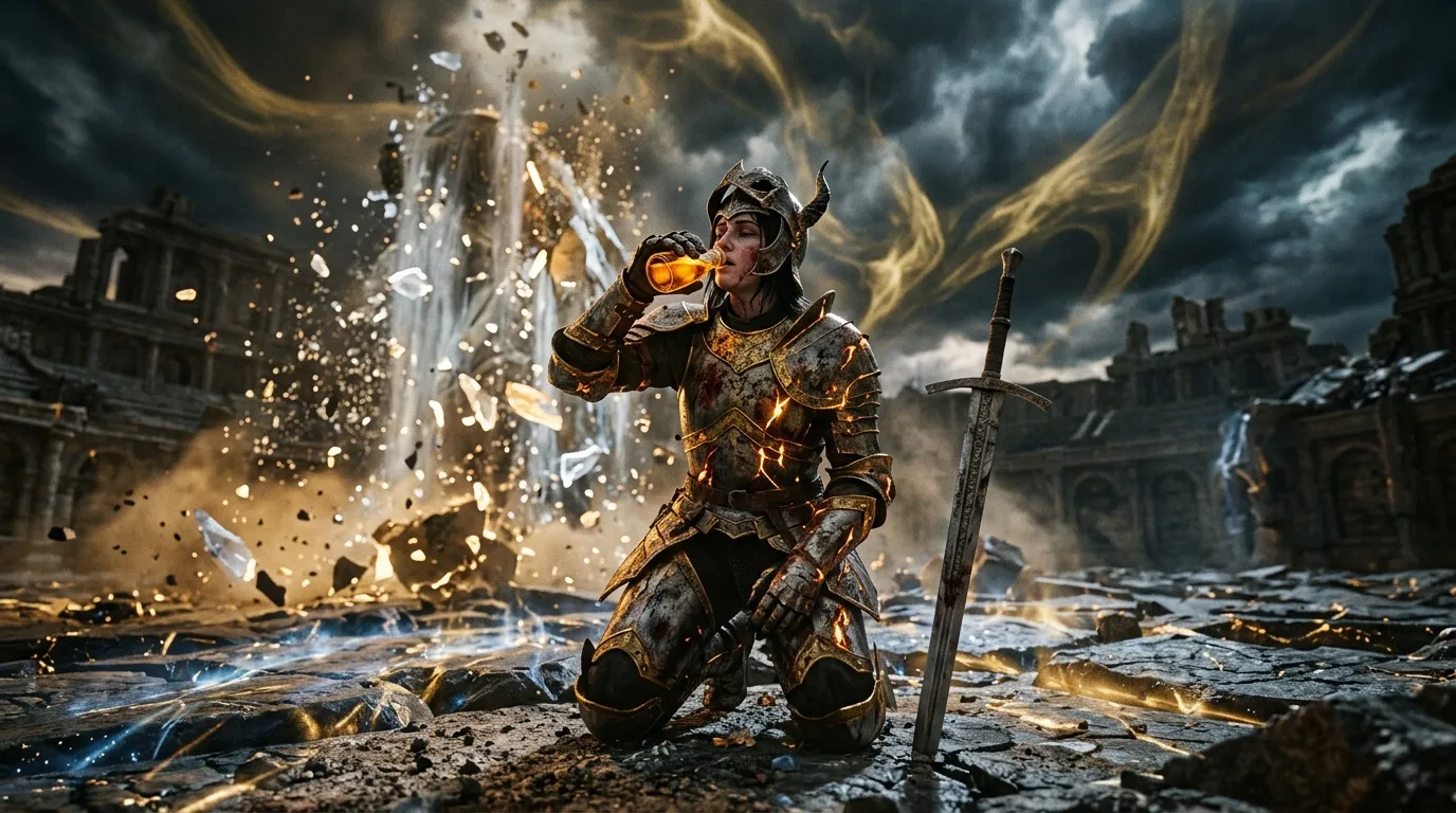 Chevalier en armure dorée buvant dans un château détruit