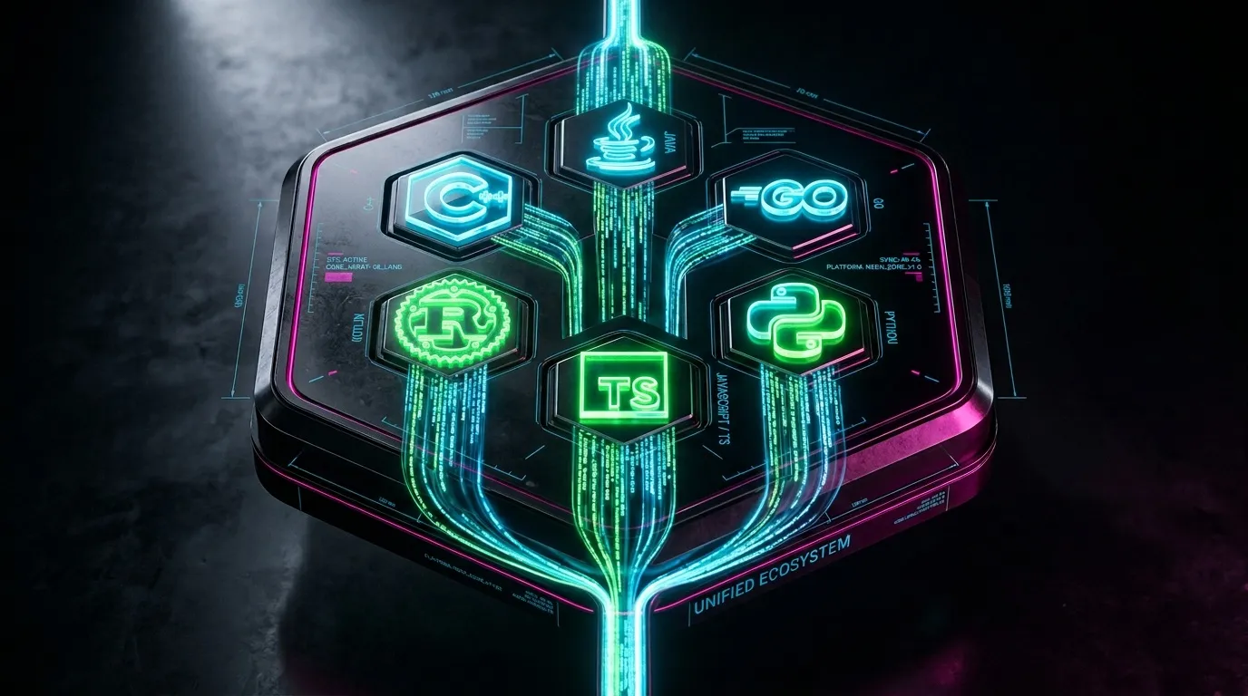 Plateforme num&eacute;rique hexagonale avec logos et n&eacute;ons cyberpunk