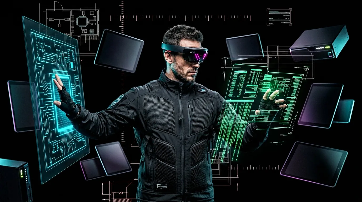 Homme avec lunettes AR manipulant interfaces num&eacute;riques holographiques